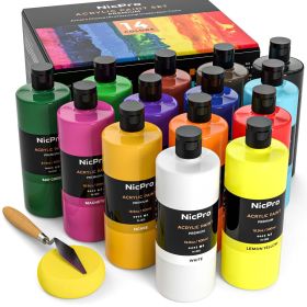 Nicpro Acrylic Paint, 14 Colors Acrylic Paint Set, 16.9oz/500ml Bottles, Rich Art Painting Supplies for Artists