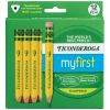 Ticonderoga My First Short Wooden Pencils, Large Triangle Barrel, Sharpened, #2 HB Soft, With Eraser, Yellow, 12 Per Pack, 2 Packs