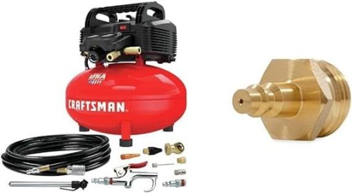 Craftsman Air Compressor, 6 Gallon, Pancake, Oil-Free (CMEC6150K) and Camco Blow Out Plug With Brass Quick Connect (36143) (Color: w  Blow Out Plug)