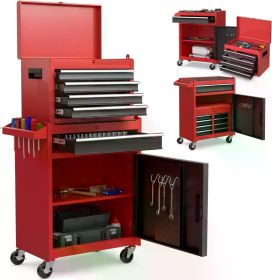 Goplus Tool Chest, 5-Drawer Rolling Tool Storage Cabinet with Detachable Top Tool Box, Liner, Universal Lockable Wheels (Color: Red Black)
